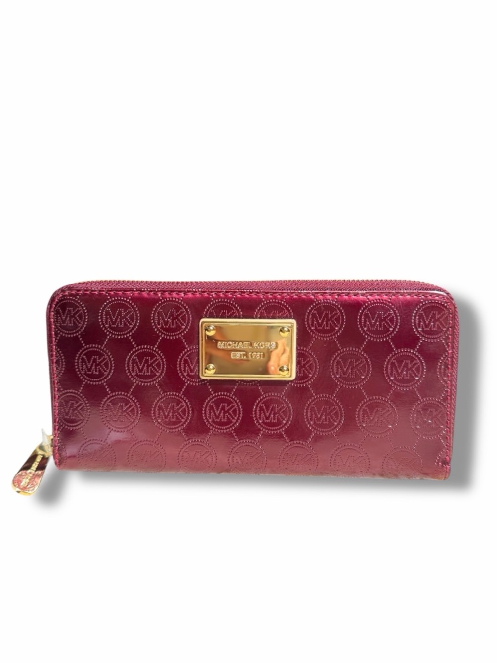 NWT Michael Kors Archive Jet Set Wallet - Bordeaux Mono Patent Wine Red Full